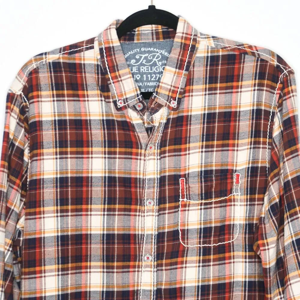 True Religion‎ Mens Button Up Shirt XL Plaid Orange Brown Cowboy Western